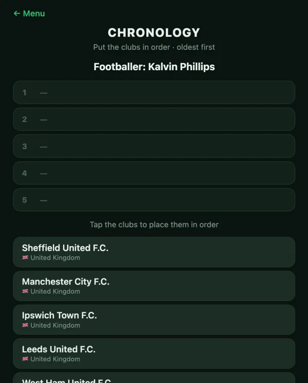 Chronology mode screen: five clubs to put in order