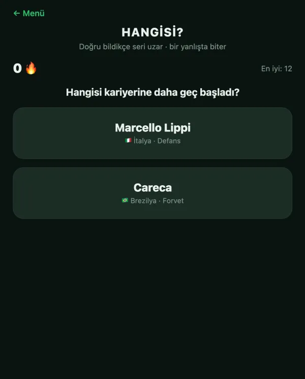 Hangisi? modu ekranı: iki futbolcu ve bir soru