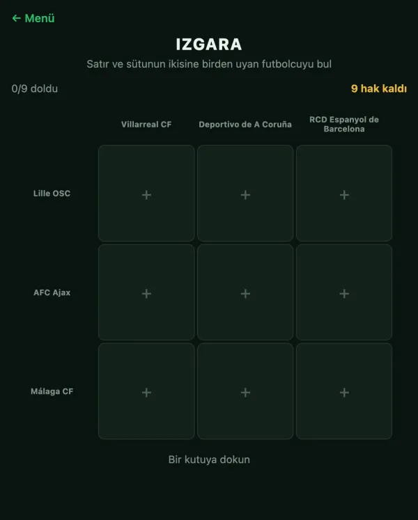 Izgara modu ekranı: satırlarda ve sütunlarda kulüpler